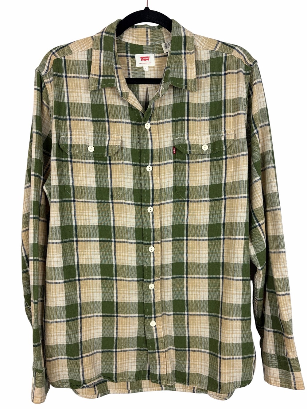 Levi’s Men’s Large Green Beige Plaid Button Front Shirt 100% Cotton Flannel